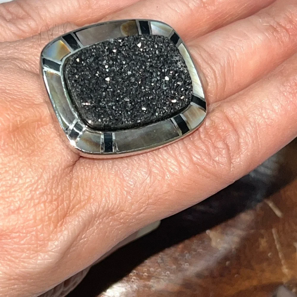 Stainless steel Druzy & mother of Pearl Statement‎ Ring size 7